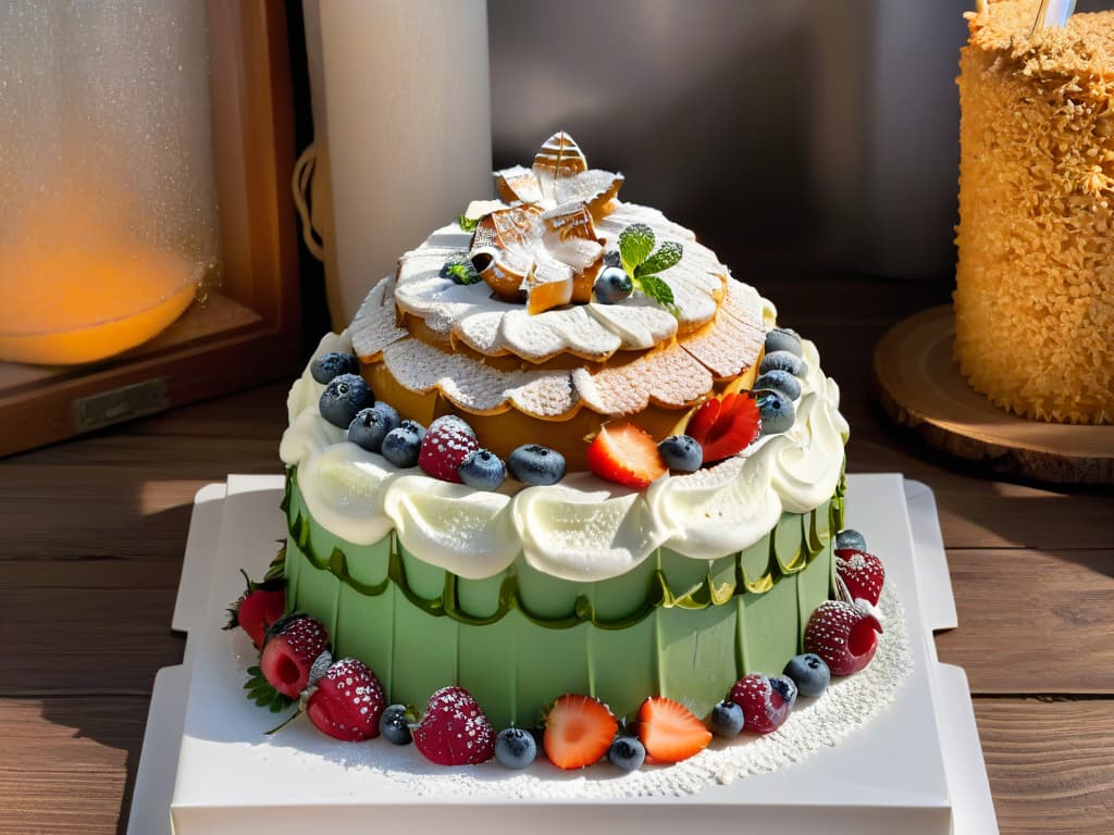  A closeup, photorealistic image of a beautifully decorated Kransekake Noruego placed on a rustic wooden table. The cake is elegantly tiered, with intricate white icing drizzles and delicate edible silver pearls adorning its sides. The top is garnished with fresh berries, mint leaves, and a dusting of powdered sugar, creating a visually stunning and appetizing centerpiece. The background features soft natural lighting, casting gentle shadows that highlight the cake's details and textures. hyperrealistic, full body, detailed clothing, highly detailed, cinematic lighting, stunningly beautiful, intricate, sharp focus, f/1. 8, 85mm, (centered image composition), (professionally color graded), ((bright soft diffused light)), volumetric fog, trending on instagram, trending on tumblr, HDR 4K, 8K