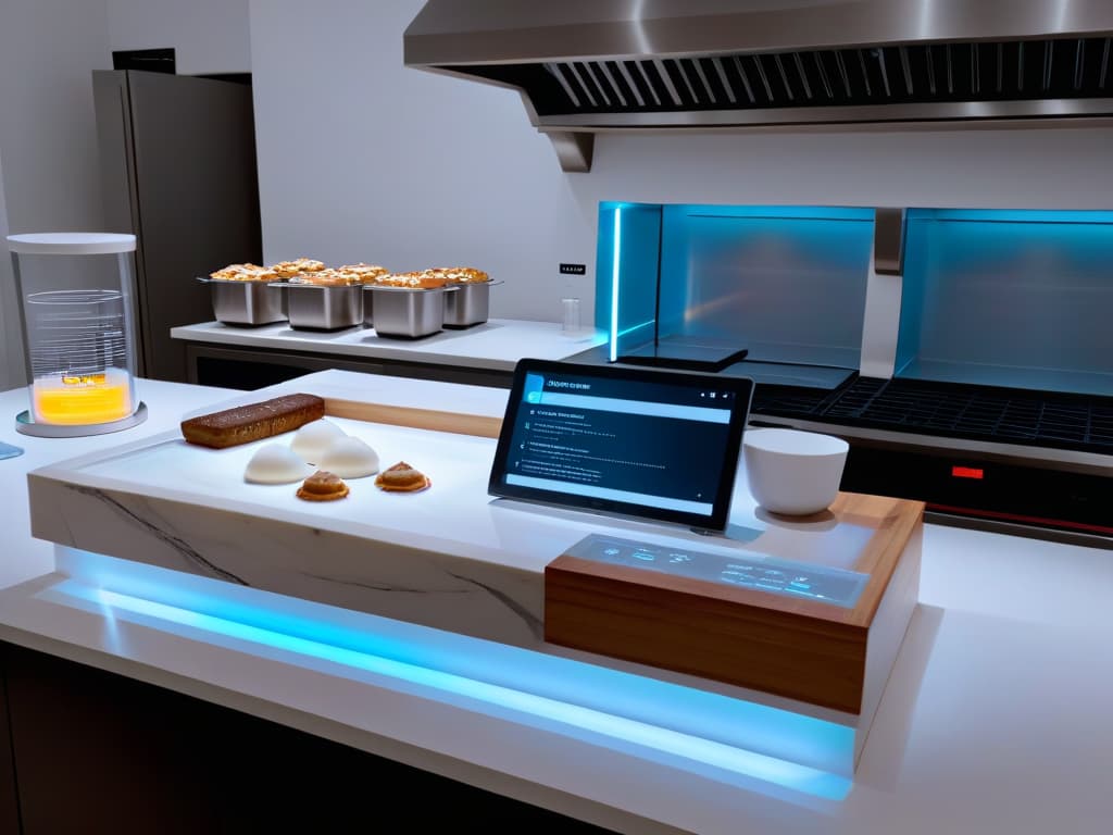  A sleek, minimalistic workspace setup for a baking class with augmented reality elements integrated seamlessly. The image features a pristine marble countertop with a holographic display projecting interactive baking instructions, digital ingredient lists, and virtual baking tools hovering above. A modern, hightech oven is visible in the background, emitting a soft glow, while a stylish chef's hat and apron hang neatly on a hook on the wall. The overall aesthetic is clean, futuristic, and designed to inspire a sense of professional immersion in the world of augmented reality baking courses. hyperrealistic, full body, detailed clothing, highly detailed, cinematic lighting, stunningly beautiful, intricate, sharp focus, f/1. 8, 85mm, (centered image composition), (professionally color graded), ((bright soft diffused light)), volumetric fog, trending on instagram, trending on tumblr, HDR 4K, 8K