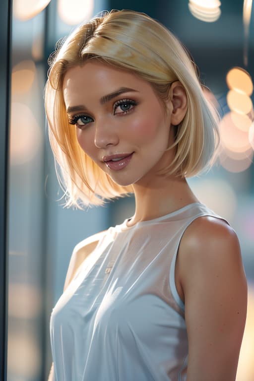  1girl,1girl,blonde short hair,straight hair,upper body shot,shirt,smile hyperrealistic, full body, detailed clothing, highly detailed, cinematic lighting, stunningly beautiful, intricate, sharp focus, f/1. 8, 85mm, (centered image composition), (professionally color graded), ((bright soft diffused light)), volumetric fog, trending on instagram, trending on tumblr, HDR 4K, 8K