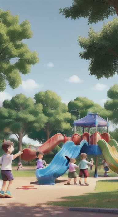  {Children playing in a sunny park with swings and slides., Same group of happy children, now wearing casual play clothes.