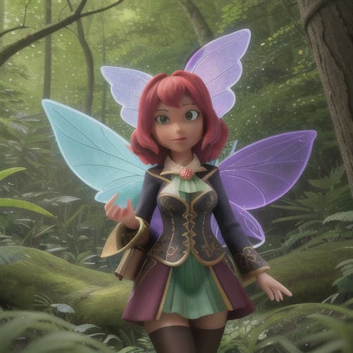  Generate an image portraying a scene deep within a dense forest "Forest's Stomach" where various colorful-winged fairies and animals are engrossed in a lively game. The manifest characters should contain fairies with wings in a variety of hues and pocket-sized creatures, who are central to the composition, significantly drawing attention against the subdued backdrop of a profound and rich green forest with discreetly cool shades. Ensure that the scenery is emphasized more, yet maintains a harmonious balance with the detailed background., best quality, very detailed, high resolution, sharp, sharp image, extremely detailed, 4k, 8k, in-frame hyperrealistic, full body, detailed clothing, highly detailed, cinematic lighting, stunningly beautiful, intricate, sharp focus, f/1. 8, 85mm, (centered image composition), (professionally color graded), ((bright soft diffused light)), volumetric fog, trending on instagram, trending on tumblr, HDR 4K, 8K