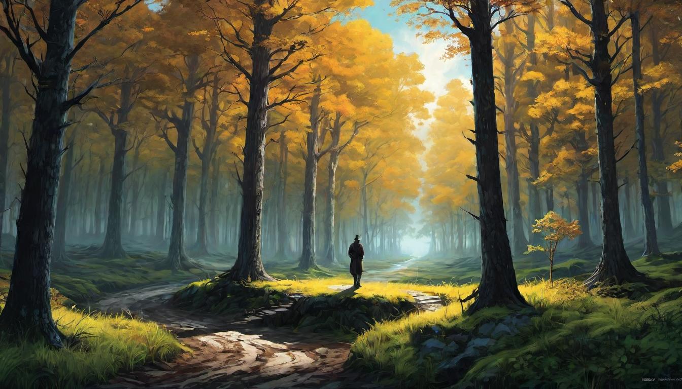  digital illustration A figure standing at a crossroads, one path leading into a dark, tangled forest, the other into a bright, open field, choice, contemplation. looking at viewer, dynamic pose, (intricate details, masterpiece, best quality)