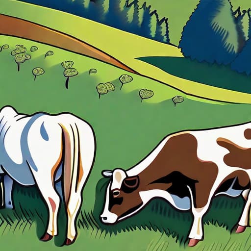  A herd of multicolored cows, including brown, black, and white, grazing in a lush meadow. Blue sky with scattered white clouds, surrounded by trees, and green hills.