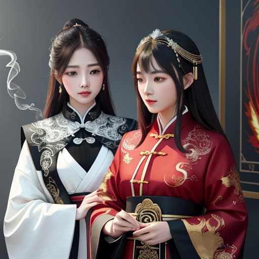  2girls, digital art, intricate details, delicate patterns, cinematic lighting, professional artwork, crimson deity poster, red flame and black swirl, ying yang beautiful girls, illustration, traditional Chinese costume, jewelry, anime style, acrylic oil painting, light white and light silver, gold, flame, tindal light, smoke, exquisite clothing, traditional clothing, eye-catching details, best quality, hyperrealistic, high quality, highly detailed, cinematic lighting, intricate, sharp focus, f/1. 8, 85mm, (centered image composition), (professionally color graded), ((bright soft diffused light)), volumetric fog, trending on instagram, HDR 4K, 8K