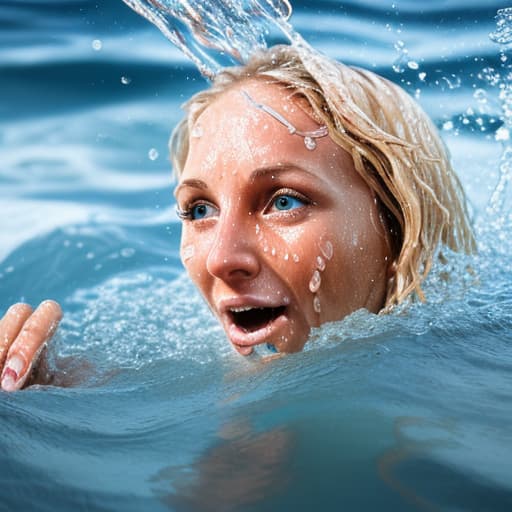  tanned blonde woman's nose is in the water she's drowning and panic a lot of water waves and splashes around