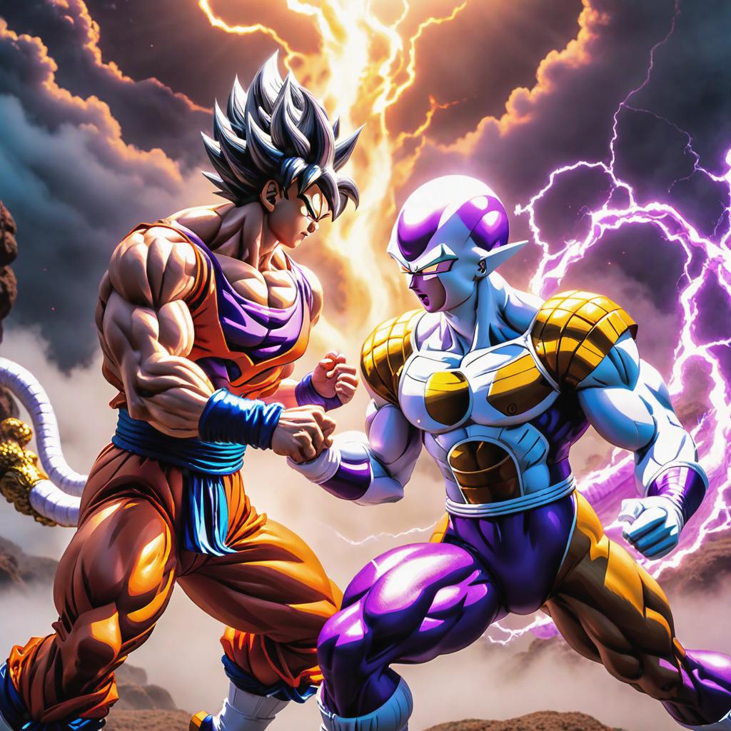  Goku fighting Frieza in digital art style hyperrealistic, full body, detailed clothing, highly detailed, cinematic lighting, stunningly beautiful, intricate, sharp focus, f/1. 8, 85mm, (centered image composition), (professionally color graded), ((bright soft diffused light)), volumetric fog, trending on instagram, trending on tumblr, HDR 4K, 8K