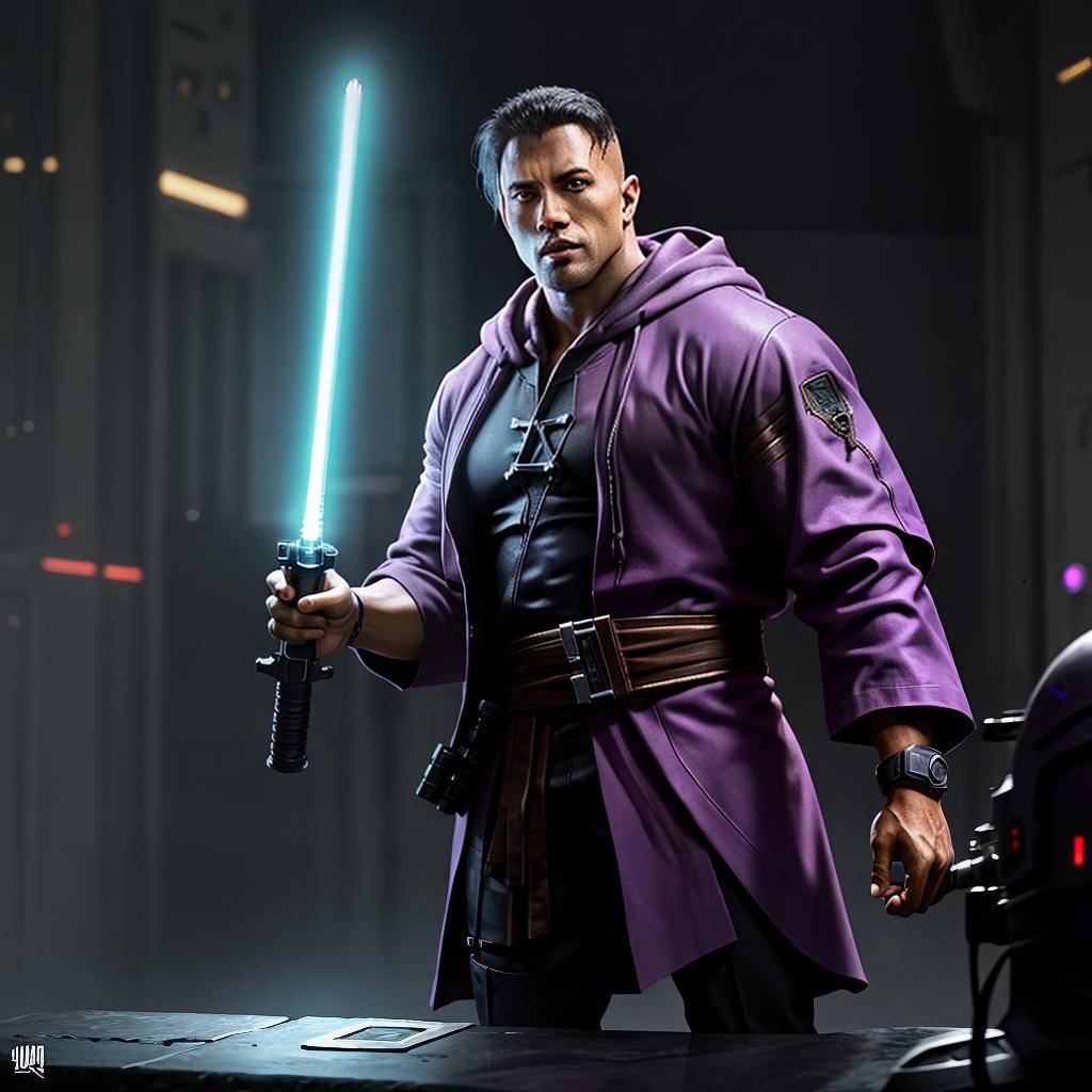  in a cyberpunk setting, dwayne johnson holding a purple lightsaber wearing brown jedi robes, concept art, ultra realistic