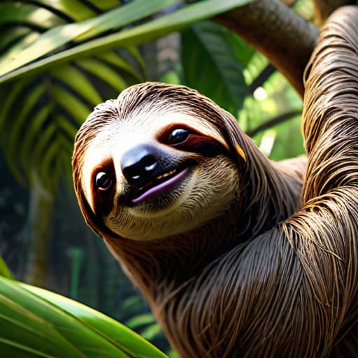  Creates a natural environment Sloth in the jungle. highly detailed, vibrant, production cinematic character render, hyper-realistic high-quality model, HDR, 8K, 3d, ultra high quality. "#AlPacifista"