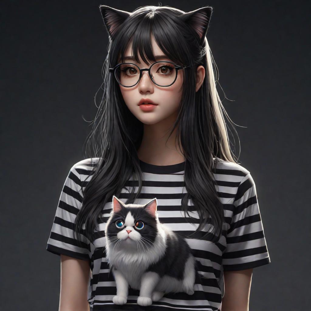  a cute  girl with dark very long loose hair and double bangs in a t-shirt with white and black horizontal stripes and polarized glasses is sad with a cat in a cute anime style on a dark background with an, cute, hyper detail, full HD hyperrealistic, full body, detailed clothing, highly detailed, cinematic lighting, stunningly beautiful, intricate, sharp focus, f/1. 8, 85mm, (centered image composition), (professionally color graded), ((bright soft diffused light)), volumetric fog, trending on instagram, trending on tumblr, HDR 4K, 8K