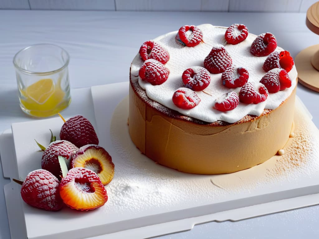  A closeup, highresolution image of a perfectly goldenbrown glutenfree almond flour cake, topped with fresh raspberries and a dusting of powdered sugar, resting on a sleek, modern marble countertop. The cake is elegantly sliced to reveal its moist crumb texture, with a few scattered almond slices around it. The lighting is soft, casting a gentle shadow of the cake, creating a warm and inviting atmosphere. This minimalistic image embodies the essence of glutenfree baking perfection and would beautifully complement the article's professional and inspiring tone. hyperrealistic, full body, detailed clothing, highly detailed, cinematic lighting, stunningly beautiful, intricate, sharp focus, f/1. 8, 85mm, (centered image composition), (professionally color graded), ((bright soft diffused light)), volumetric fog, trending on instagram, trending on tumblr, HDR 4K, 8K