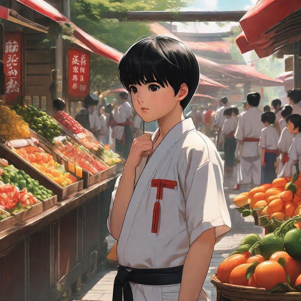  A black haired child wearing a karate uniform standing in line for a juice vendor., anime concept art by Hayao Miyazaki, featured on pixiv, fantasy art, concept art, official art, high detailed hyperrealistic, full body, detailed clothing, highly detailed, cinematic lighting, stunningly beautiful, intricate, sharp focus, f/1. 8, 85mm, (centered image composition), (professionally color graded), ((bright soft diffused light)), volumetric fog, trending on instagram, trending on tumblr, HDR 4K, 8K