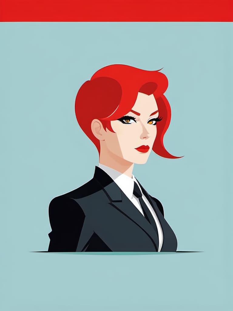  flat papercut style Special agent with red hair in latex costume. . silhouette, clean cuts, paper, sharp edges, minimalist, color block