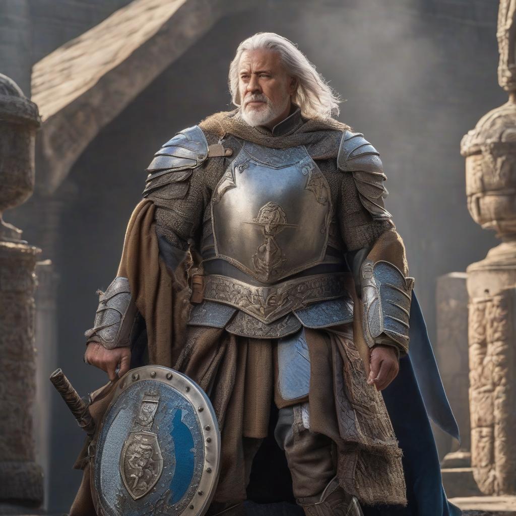  A man, a person, aged 57, with silver gray unkempt hair, gray blue eyes, light skin, not tall, chubby, in heavy armor, a mace in his right hand, a shield in his left, on the shield a silver lion's head. hyperrealistic, full body, detailed clothing, highly detailed, cinematic lighting, stunningly beautiful, intricate, sharp focus, f/1. 8, 85mm, (centered image composition), (professionally color graded), ((bright soft diffused light)), volumetric fog, trending on instagram, trending on tumblr, HDR 4K, 8K