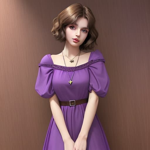  young women princess brown short hair purple short sleeved dress purple amulet