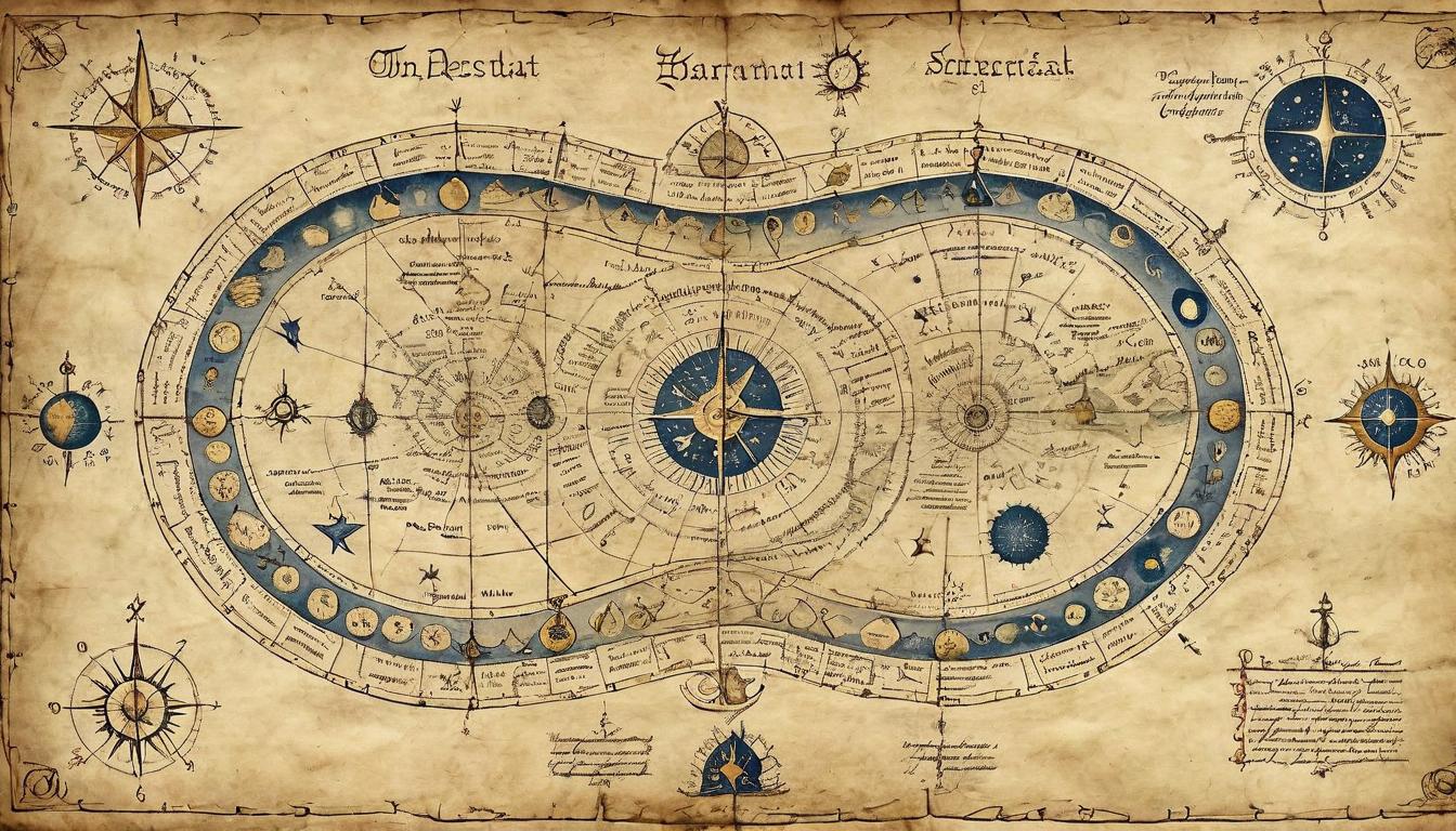  on parchment, surrealism+++, An ancient map with epochs and eras marked as destinations, constellations as guiding points, mystical chart, boundless itinerary, ancient parchment, timeless wisdom(mysterious, provocative, symbolic,muted color)+++