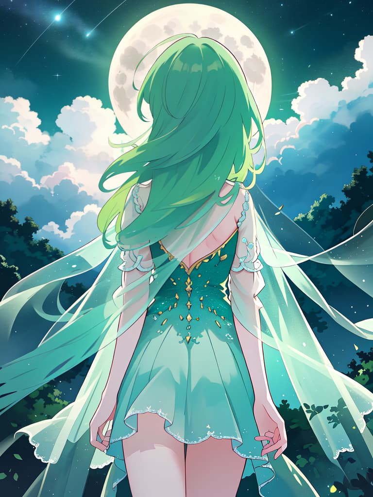  The back of the green hair character that stretches both hands on the full moon in the night sky, masterpiece, best quality,8k,ultra detailed,high resolution,an extremely delicate and beautiful,hyper detail