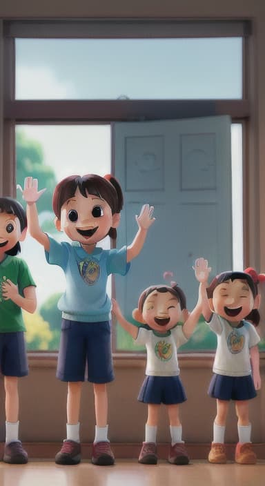  {A heartwarming scene of all the children waving goodbye with happy expressions., Children waving with wide smiles, looking grateful and content.