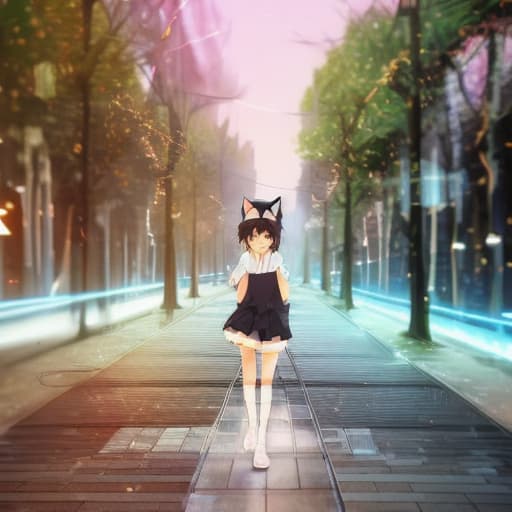  an anime girl with cat ears cat tail cat eyes walking into a realistic world