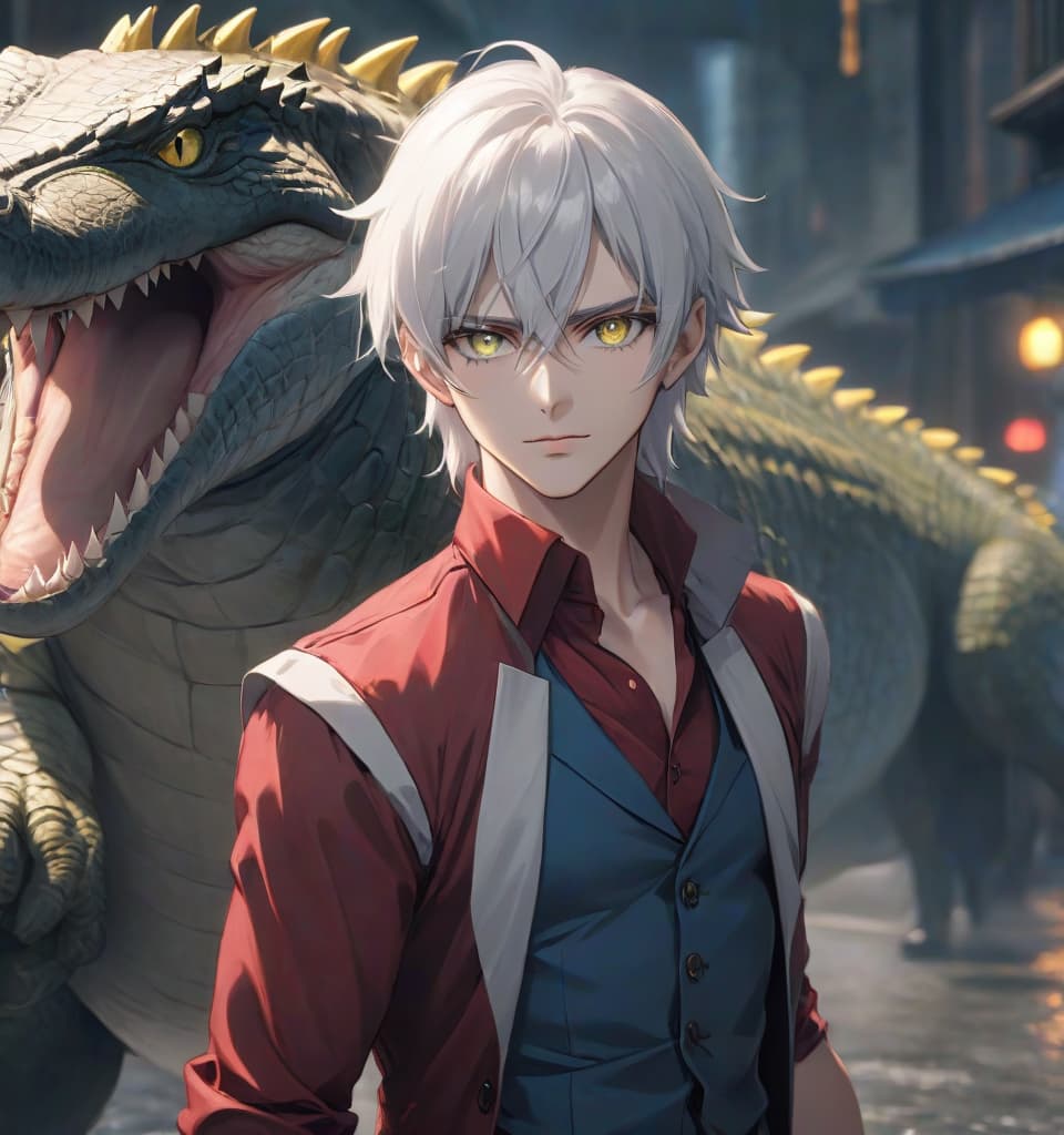  Anime guy mafia in red vest, gray blue eyes, yellow white hair, crocodile tail hyperrealistic, full body, detailed clothing, highly detailed, cinematic lighting, stunningly beautiful, intricate, sharp focus, f/1. 8, 85mm, (centered image composition), (professionally color graded), ((bright soft diffused light)), volumetric fog, trending on instagram, trending on tumblr, HDR 4K, 8K