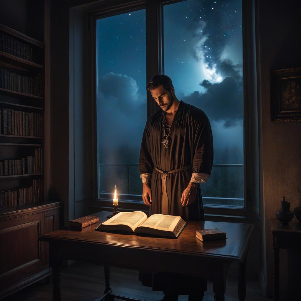  gothic style A sick man in a hospital gown stands by the window in the room and looks at the night sky. On the table, there's a burning book. . dark, mysterious, haunting, dramatic, ornate, detailed hyperrealistic, full body, detailed clothing, highly detailed, cinematic lighting, stunningly beautiful, intricate, sharp focus, f/1. 8, 85mm, (centered image composition), (professionally color graded), ((bright soft diffused light)), volumetric fog, trending on instagram, trending on tumblr, HDR 4K, 8K