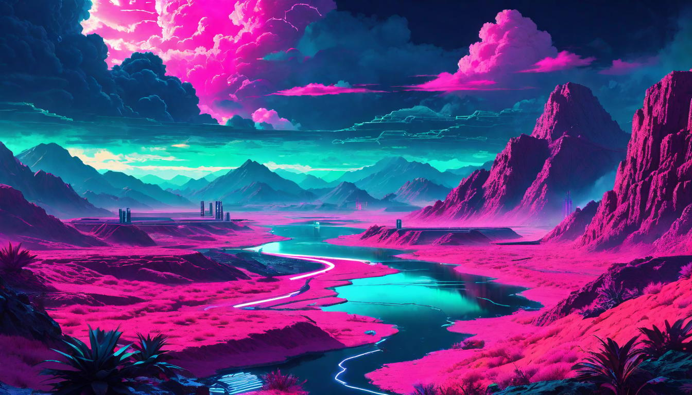  vaporwave,cyberpunk game style Serpentine river cutting through a barren landscape, constantly changing its course. Behind it, dark clouds loom. Mood: Menacing, transformative.eon, dystopian, futuristic, digital, vibrant, detailed, high contrast, reminiscent of cyberpunk genre video games,retro aesthetic, cyberpunk, vibrant, neon colors, vintage 80s and 90s style, highly detailed