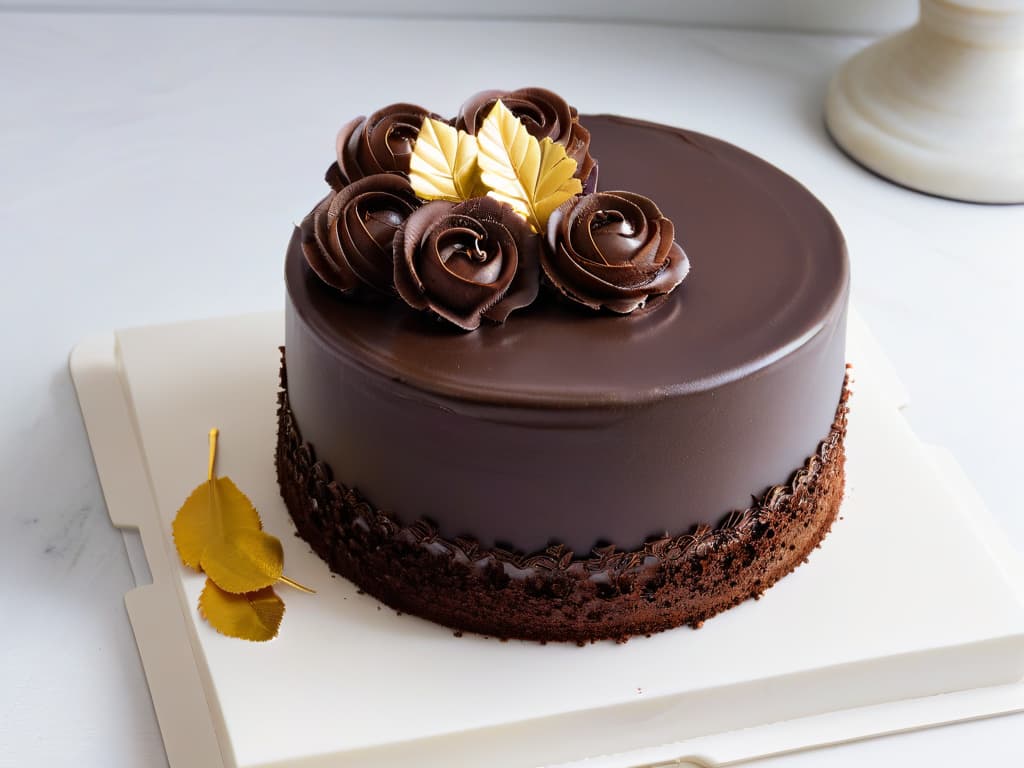  An ultradetailed image of a luxurious, minimalistic chocolate cake with intricate layers of rich Belgian chocolate ganache, adorned with delicate curls of dark chocolate and shimmering gold leaf accents, set on a pristine white marble platter. The cake is exquisitely crafted, showcasing the expertise and artistry involved in Belgian chocolate pastry making, with each detail captured in stunning clarity, inviting the viewer to indulge in the decadent world of premium chocolate desserts. hyperrealistic, full body, detailed clothing, highly detailed, cinematic lighting, stunningly beautiful, intricate, sharp focus, f/1. 8, 85mm, (centered image composition), (professionally color graded), ((bright soft diffused light)), volumetric fog, trending on instagram, trending on tumblr, HDR 4K, 8K