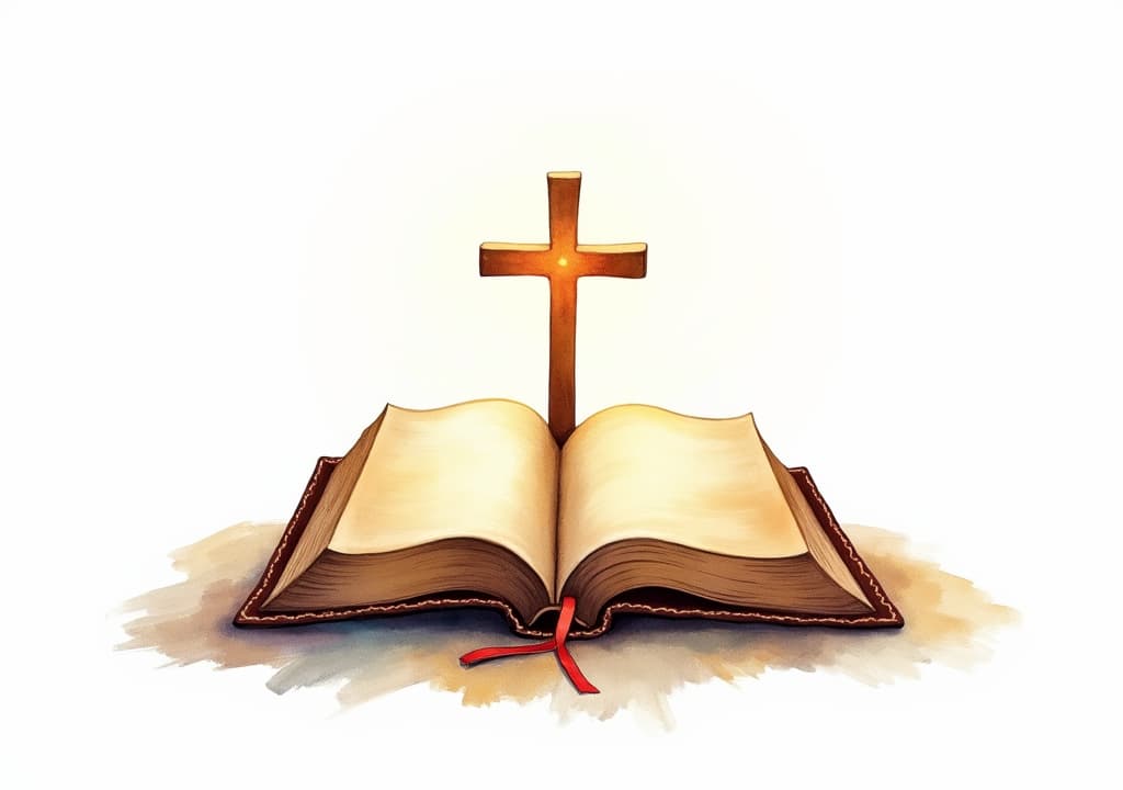  good quality, high quality, watercolor illustration of holy bible with cross on cover, white background