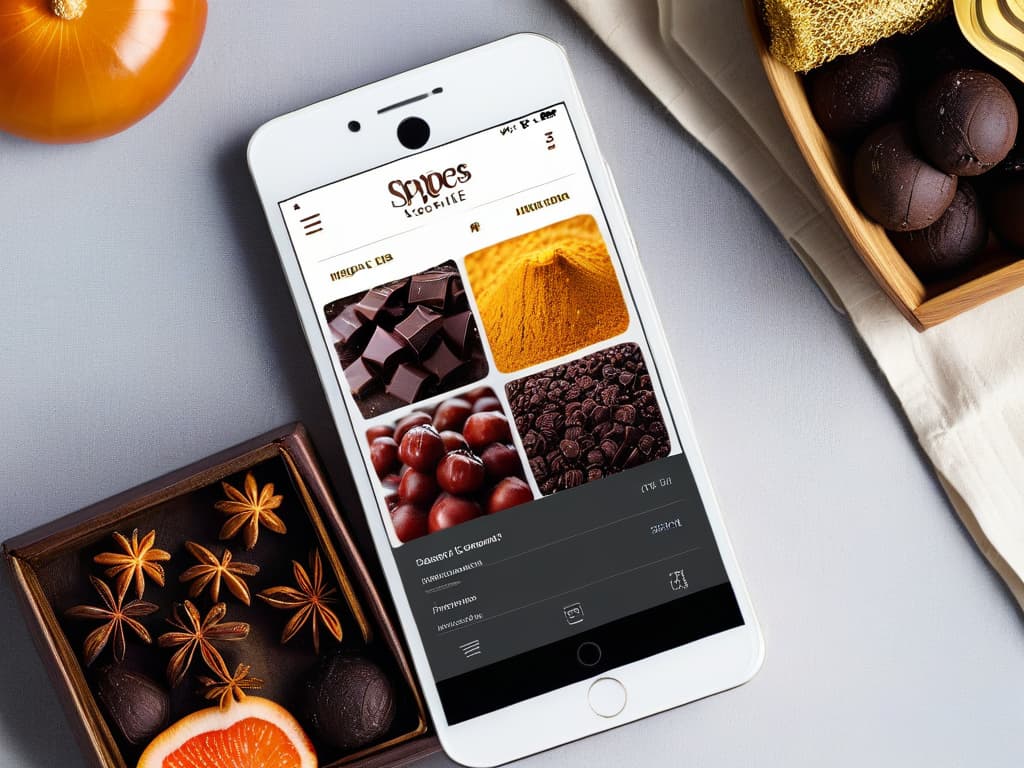  An ultradetailed image of a sleek, modern smartphone displaying a beautifully designed app interface with vibrant, highquality images of organic and artisanal ingredients like farmfresh berries, handcrafted chocolates, and exotic spices. The app's layout is clean and intuitive, with elegant typography and userfriendly icons that convey a sense of professionalism and sophistication. Each ingredient is showcased in exquisite detail, highlighting their natural textures and vibrant colors to inspire users in their culinary adventures. hyperrealistic, full body, detailed clothing, highly detailed, cinematic lighting, stunningly beautiful, intricate, sharp focus, f/1. 8, 85mm, (centered image composition), (professionally color graded), ((bright soft diffused light)), volumetric fog, trending on instagram, trending on tumblr, HDR 4K, 8K