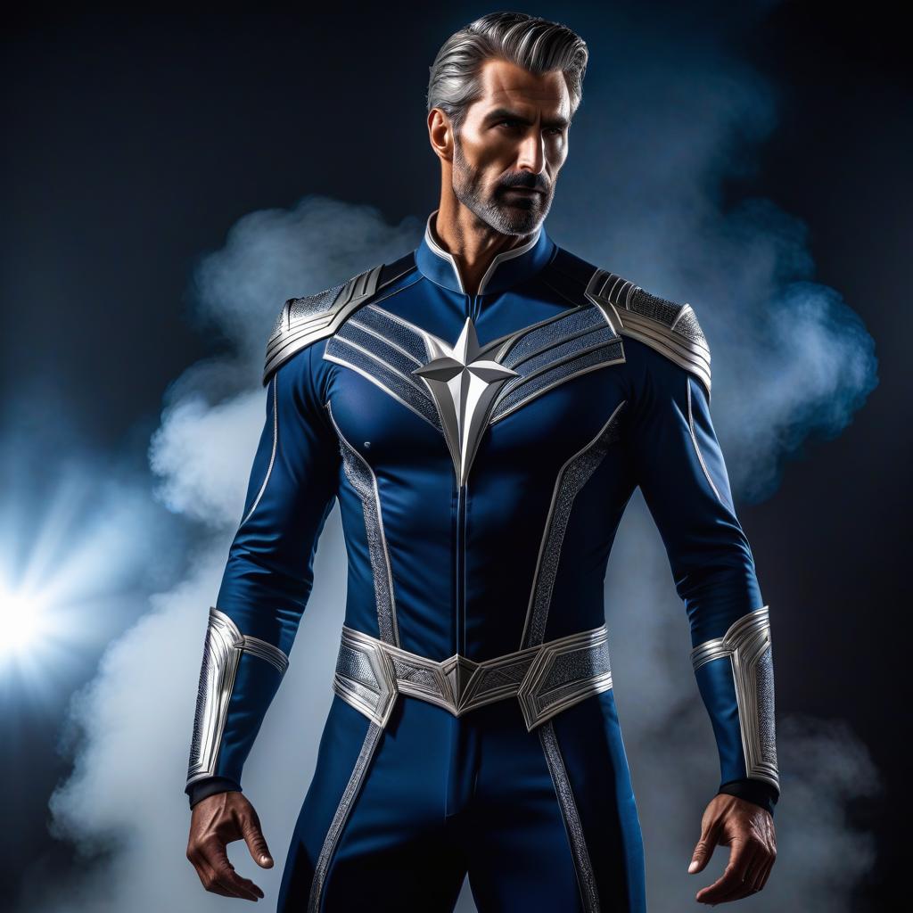  Tall man, dark blue and silver costume, standing sideways, beautiful body hyperrealistic, full body, detailed clothing, highly detailed, cinematic lighting, stunningly beautiful, intricate, sharp focus, f/1. 8, 85mm, (centered image composition), (professionally color graded), ((bright soft diffused light)), volumetric fog, trending on instagram, trending on tumblr, HDR 4K, 8K