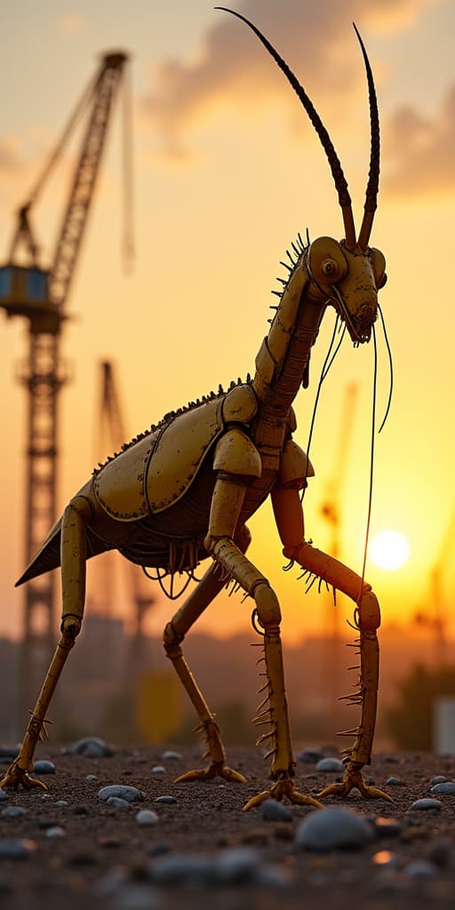  good quality, high quality, a yellow metal creature which is a hybrit between a mantis and a crane, sunset, highly detailed, transformers, cables, hydraulics, mechanic, photorealistic, epic, yellow cranes in the background