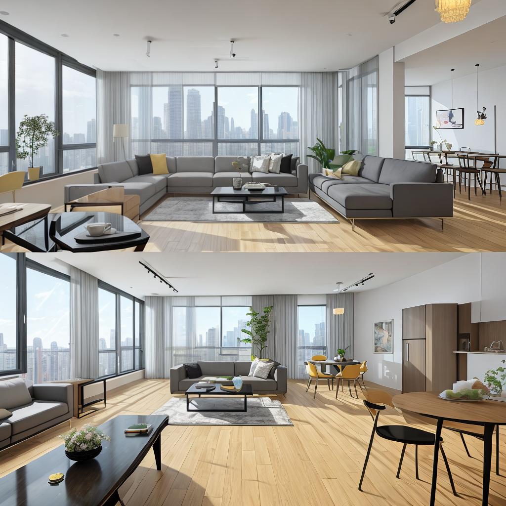  masterpiece, best quality, best quality, masterpiece, 8k resolution, high resolution apartment Living room concept art with floor-to-ceiling windows and modern furniture