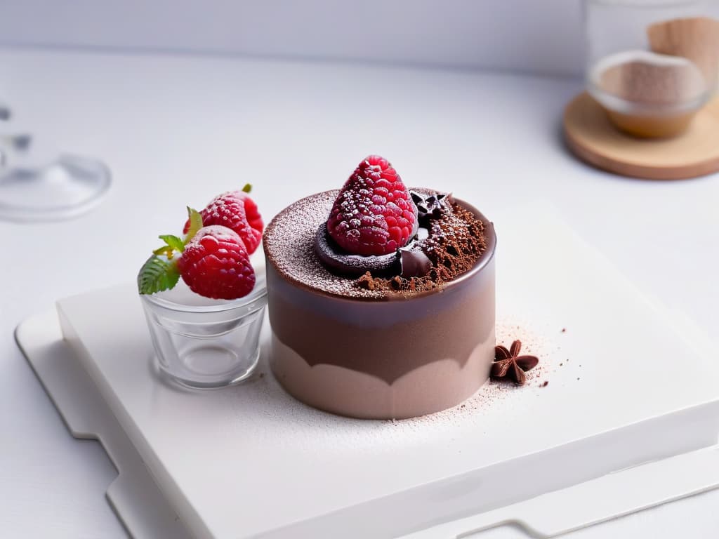  A closeup, ultradetailed image of a decadent chocolate mousse in a sleek, modern glass dessert cup. The rich, glossy mousse is topped with delicate chocolate shavings, a dusting of cocoa powder, and a single fresh raspberry perched elegantly on top. The background is softly blurred to keep the focus entirely on the luxurious dessert, showcasing its smooth texture and inviting presentation. hyperrealistic, full body, detailed clothing, highly detailed, cinematic lighting, stunningly beautiful, intricate, sharp focus, f/1. 8, 85mm, (centered image composition), (professionally color graded), ((bright soft diffused light)), volumetric fog, trending on instagram, trending on tumblr, HDR 4K, 8K