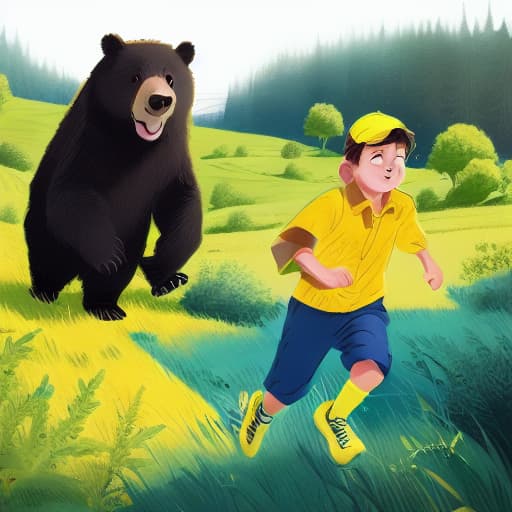  a boy with yellow hat, blue shirt, green short is chasing by a black bear