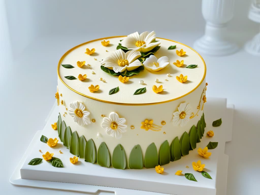  A closeup, ultradetailed image of a delicate pastry being meticulously decorated with intricate sugar flowers and gold leaf accents, set against a stark white background to emphasize the precision and artistry of pastry making. hyperrealistic, full body, detailed clothing, highly detailed, cinematic lighting, stunningly beautiful, intricate, sharp focus, f/1. 8, 85mm, (centered image composition), (professionally color graded), ((bright soft diffused light)), volumetric fog, trending on instagram, trending on tumblr, HDR 4K, 8K