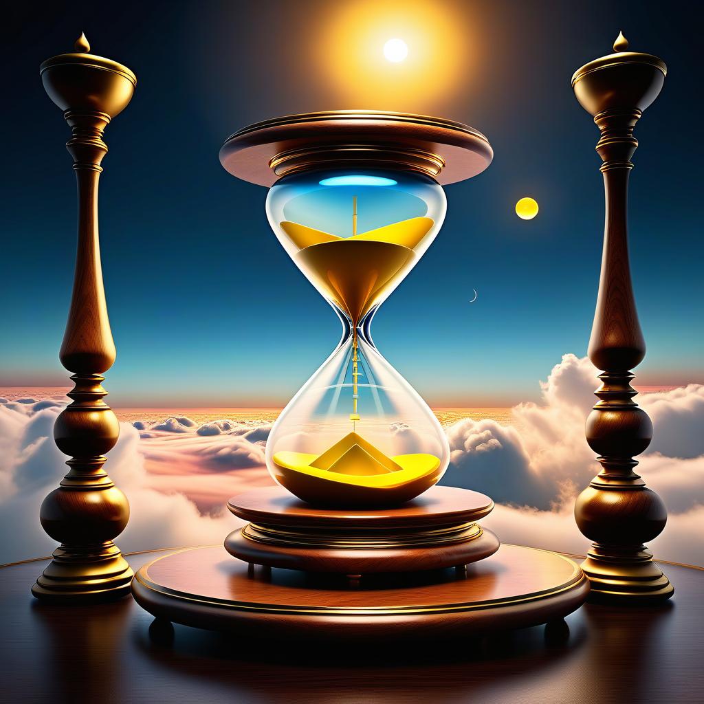  ethereal fantasy concept art of (Hourglass). clock design: wooden carved case covered with lacquer. Bowls of transparent glass. The top bowl of the clock shows the rising sun. Around the sun is a blue sky and white, golden pink clouds. (In the lower bowl of the clock): night, dark blue sky with a bright yellow month with a silvery cast. Under the sky are mountains covered with blue white snow, shimmering with different colours of the rainbow. Background: gradient: in the lower part of the background the structure of sand. In the upper part of the background perispherical clouds in the blue sky. Style: philosophical romantic fantasy. . magnificent, celestial, ethereal, painterly, epic, majestic, magical, fantasy art, cover art, dreamy hyperrealistic, full body, detailed clothing, highly detailed, cinematic lighting, stunningly beautiful, intricate, sharp focus, f/1. 8, 85mm, (centered image composition), (professionally color graded), ((bright soft diffused light)), volumetric fog, trending on instagram, trending on tumblr, HDR 4K, 8K