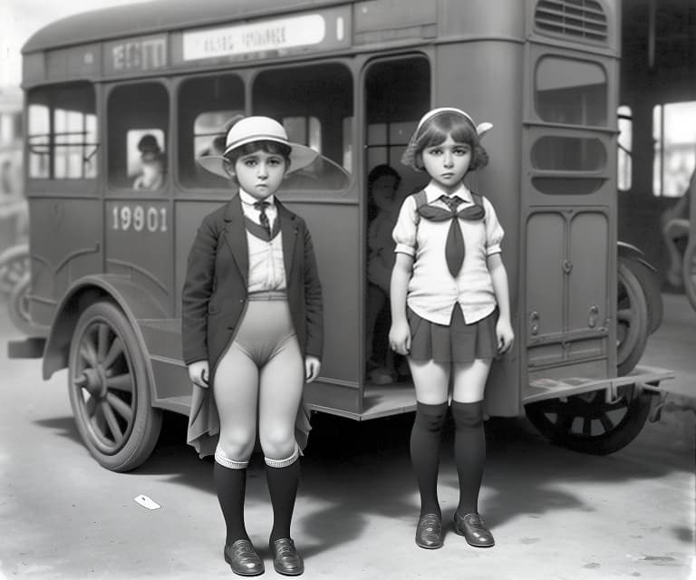  niña en calzones ,de school en la estación de buses en el año 1920s