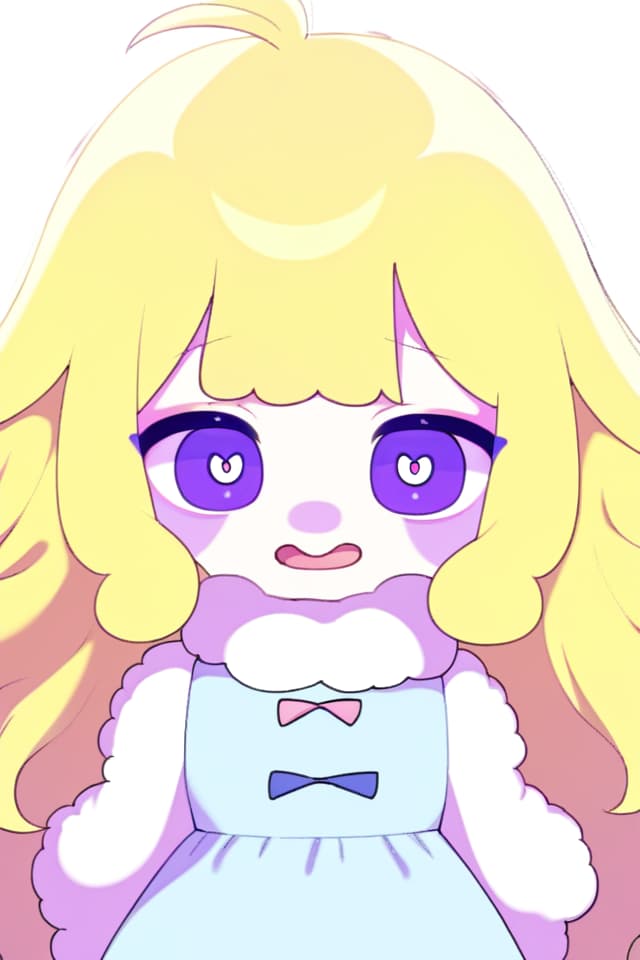  Girl, straight, fluffy hair, yellow hair, pink and purple odd eye, light blue fluffy dress, positive character, cute character, cute