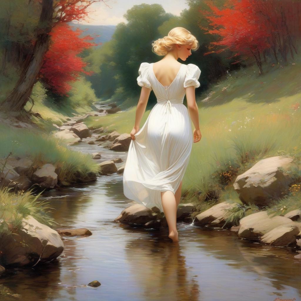  Masterpiece. Detailed elaboration, detailed drawing. A grown up girl. A girl in a white dress walking along a small brook, golden hair. Only the back of the head is visible. Girl in heels. Hair gathered in a bundle, trees. Rocks on the sides of the creek, red plants. Realism. Realistic portrayal. Alfonso Mucha, Honoré Fargonard. hyperrealistic, full body, detailed clothing, highly detailed, cinematic lighting, stunningly beautiful, intricate, sharp focus, f/1. 8, 85mm, (centered image composition), (professionally color graded), ((bright soft diffused light)), volumetric fog, trending on instagram, trending on tumblr, HDR 4K, 8K