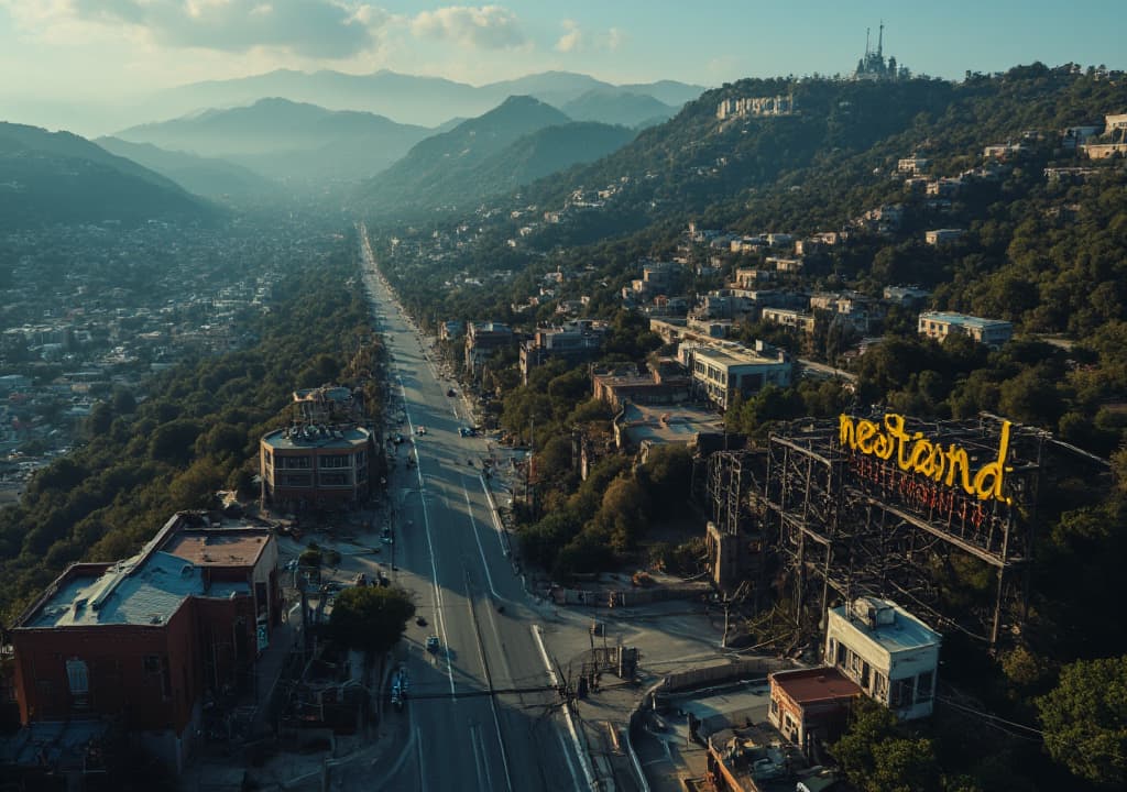  good quality, high quality, an aerial view of a hollywood style sign, but with 'neo tabira' written on it, in a small cyberpunk town where evil corporations can be seen.