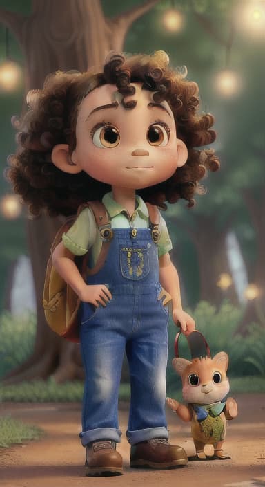  {The tree shining brightly and releasing a gentle, magical light., Riley, a curious with big brown eyes and curly hair, wearing overalls and carrying a small backpack. Their friend, Skye, a bluebird with shiny feathers.