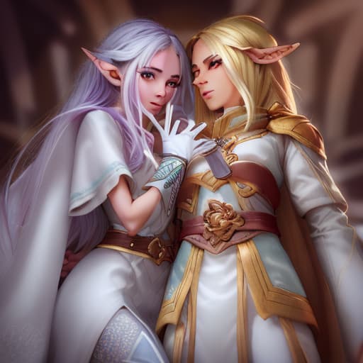  two young people, an elf girl with light skin and long golden hair and a wizard boy, with dark skin and short platinum hair hyperrealistic, full body, detailed clothing, highly detailed, cinematic lighting, stunningly beautiful, intricate, sharp focus, f/1. 8, 85mm, (centered image composition), (professionally color graded), ((bright soft diffused light)), volumetric fog, trending on instagram, trending on tumblr, HDR 4K, 8K