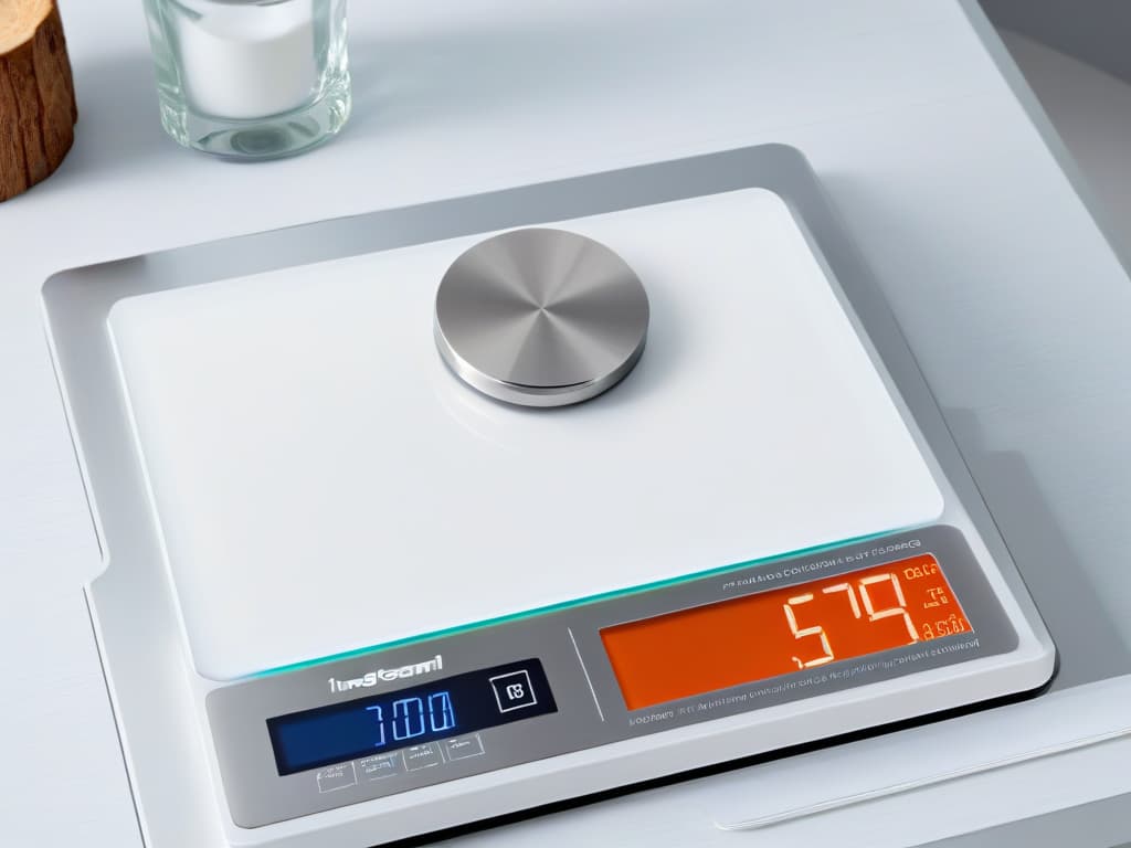  A closeup, ultradetailed image of a sleek, modern precision kitchen scale with a digital display, showcasing the intricate markings and precision of the scale. The design is minimalist, with a monochromatic color scheme of white and silver, highlighting the sleek lines and hightech appearance of the scale. The digital display is illuminated, showing precise measurements down to the decimal point, evoking a sense of accuracy and professionalism in the kitchen. hyperrealistic, full body, detailed clothing, highly detailed, cinematic lighting, stunningly beautiful, intricate, sharp focus, f/1. 8, 85mm, (centered image composition), (professionally color graded), ((bright soft diffused light)), volumetric fog, trending on instagram, trending on tumblr, HDR 4K, 8K