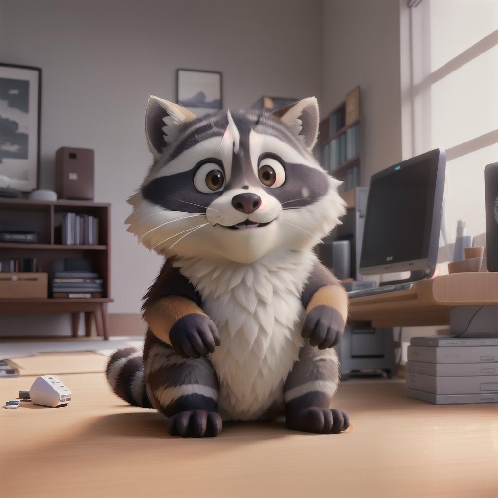  raccoon sitting in gaming chair front a computer on desktop, ((semi anthropomorphic)),(full body), tail, belly, sitting, fat, (chubby), (((white background))), solo, desktop, gaming chair, side view,  [[[clothes]]] hyperrealistic, full body, detailed clothing, highly detailed, cinematic lighting, stunningly beautiful, intricate, sharp focus, f/1. 8, 85mm, (centered image composition), (professionally color graded), ((bright soft diffused light)), volumetric fog, trending on instagram, trending on tumblr, HDR 4K, 8K