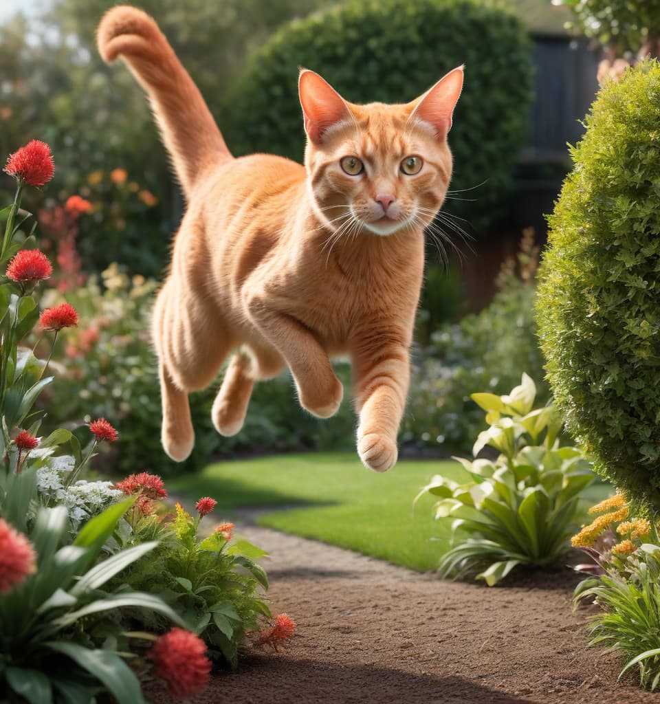  hyperrealistic art A light red cat jumps in the garden after a kangaroo. . extremely high resolution details, photographic, realism pushed to extreme, fine texture, incredibly lifelike hyperrealistic, full body, detailed clothing, highly detailed, cinematic lighting, stunningly beautiful, intricate, sharp focus, f/1. 8, 85mm, (centered image composition), (professionally color graded), ((bright soft diffused light)), volumetric fog, trending on instagram, trending on tumblr, HDR 4K, 8K