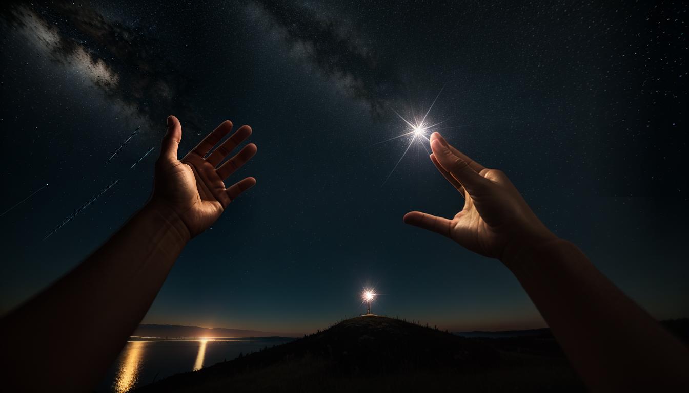  cinematic, aesthetic, Hands gently offering a shining star, symbolizing giving freely of time and energy, outstretched hands, glowing star, luminous offering, generous light, hopeful, 4k, HDR, lens flare