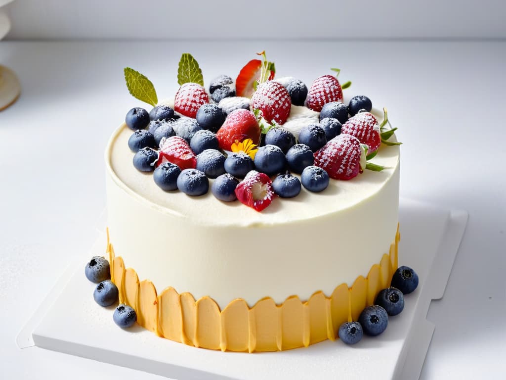  A closeup shot of a beautifully decorated glutenfree cake, adorned with fresh berries and edible flowers, set on a sleek white marble countertop. The cake is elegantly styled with swirls of creamy frosting and delicate garnishes, showcasing the artistry and creativity of glutenfree baking. The image captures the fine details and textures of the dessert, highlighting its wholesome and visually appealing qualities. hyperrealistic, full body, detailed clothing, highly detailed, cinematic lighting, stunningly beautiful, intricate, sharp focus, f/1. 8, 85mm, (centered image composition), (professionally color graded), ((bright soft diffused light)), volumetric fog, trending on instagram, trending on tumblr, HDR 4K, 8K