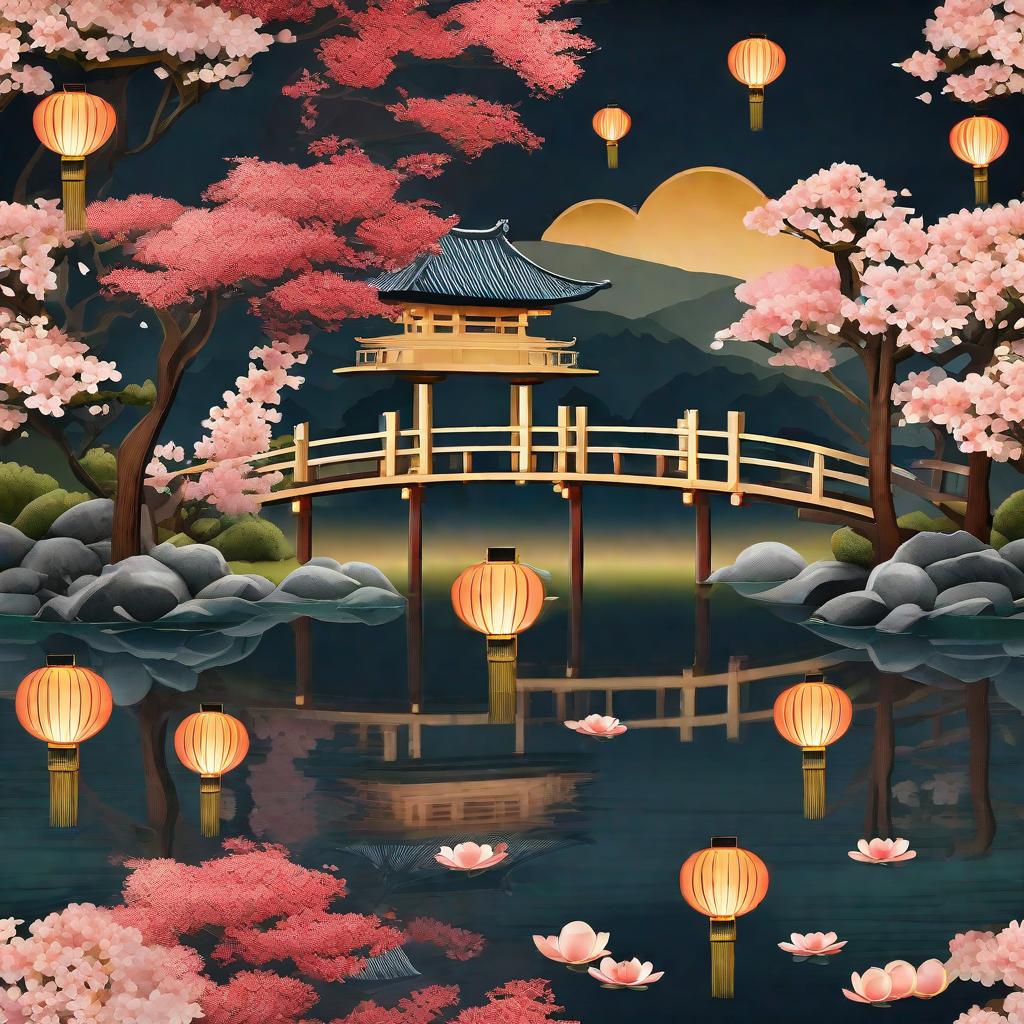  masterpiece, best quality,(fidelity: 1.4), best quality, masterpiece, ultra high resolution, 8k resolution, night view inspired by Japanese art, featuring a garden illuminated by paper lanterns and a wooden bridge spanning a tranquil lake with a small Zen temple beside the lake.