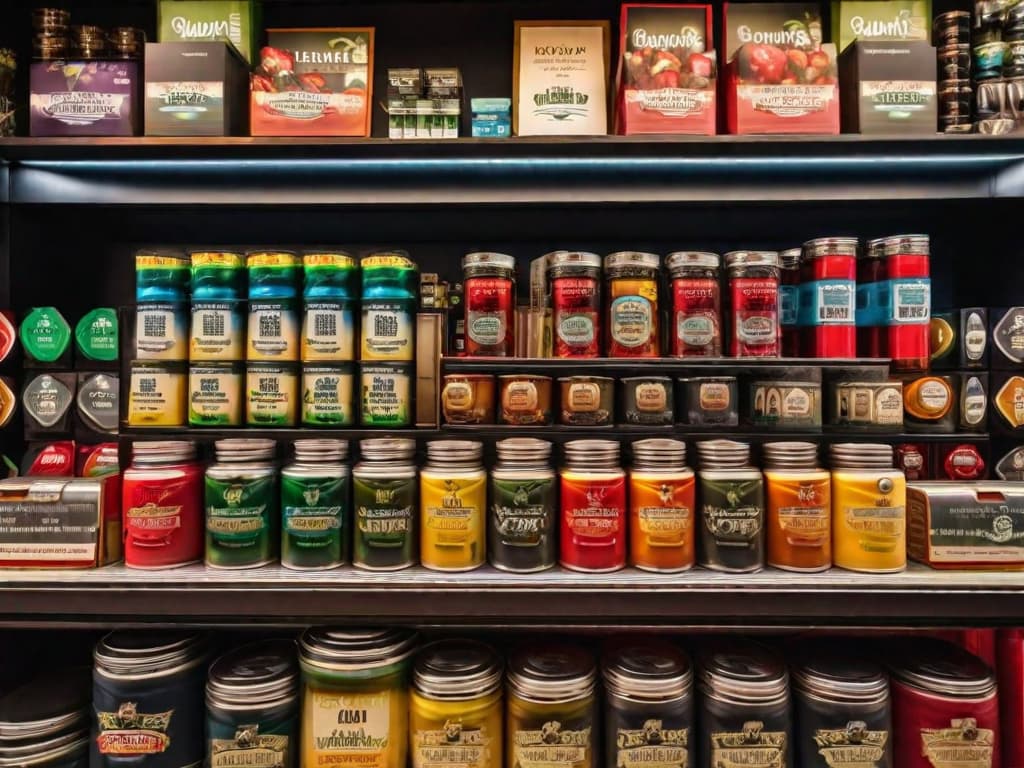  A close-up photo of a well-stocked shelf in a marijuana dispensary, showcasing various strains of cannabis products in colorful packaging, with a focus on the diverse selection and quality of the items available. digital art, ilustration hyperrealistic, full body, detailed clothing, highly detailed, cinematic lighting, stunningly beautiful, intricate, sharp focus, f/1. 8, 85mm, (centered image composition), (professionally color graded), ((bright soft diffused light)), volumetric fog, trending on instagram, trending on tumblr, HDR 4K, 8K