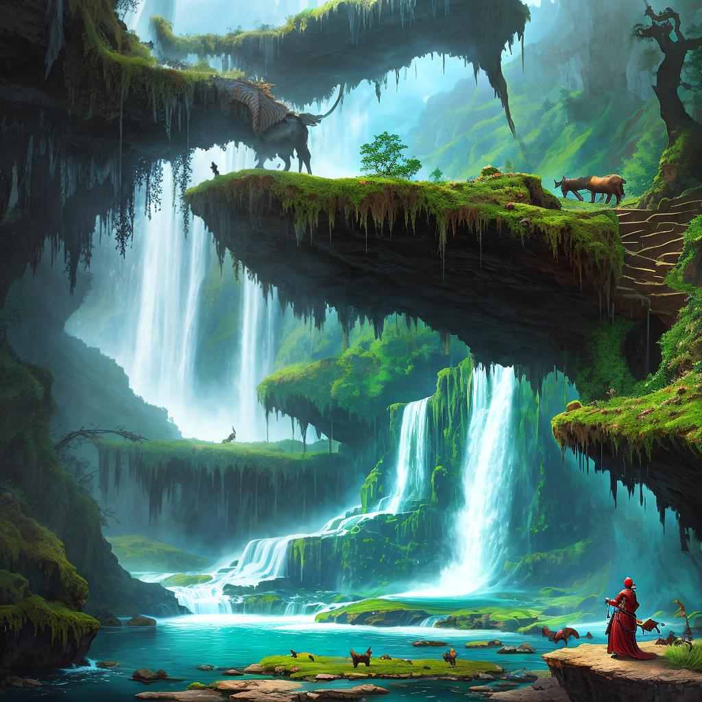  in a fantasy setting, Paint a surreal landscape where mythical beasts roam amidst cascading waterfalls.