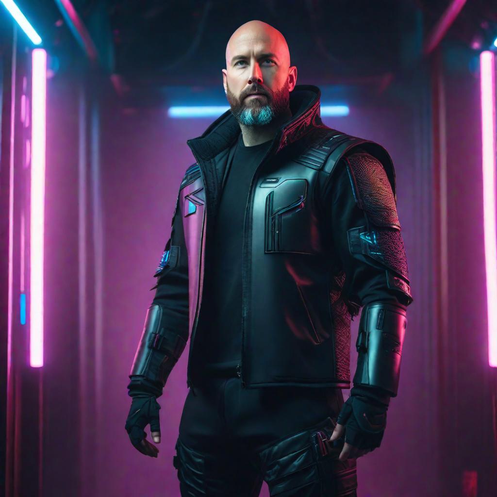 bald handsome man with a beard in a cyberpunk suit, cute, hyper detail, full HD hyperrealistic, full body, detailed clothing, highly detailed, cinematic lighting, stunningly beautiful, intricate, sharp focus, f/1. 8, 85mm, (centered image composition), (professionally color graded), ((bright soft diffused light)), volumetric fog, trending on instagram, trending on tumblr, HDR 4K, 8K